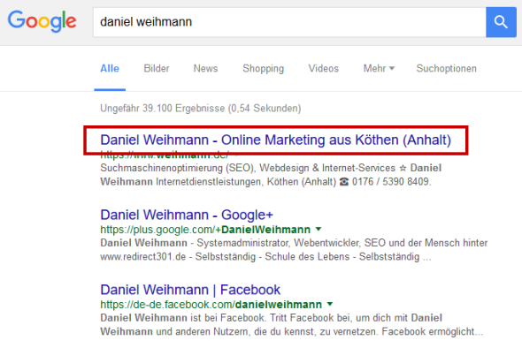 Google Suchergebniseite zur Suche nach Daniel Weihmann (11.02.2016)