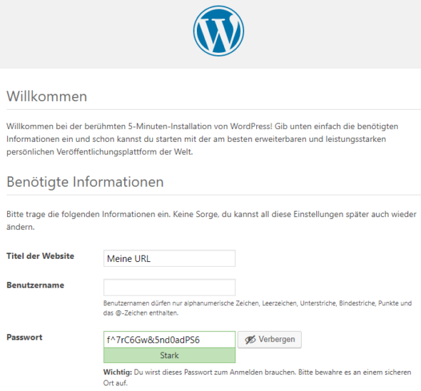 Wordpress Installation Willkommensseite